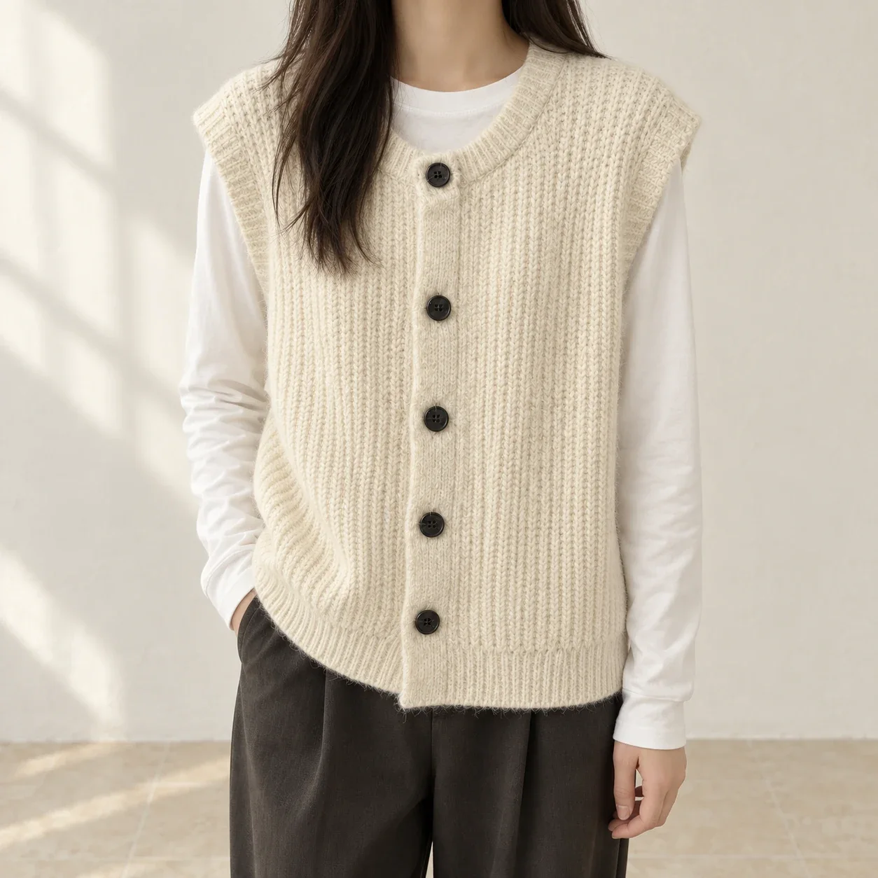 The ivory Textured Vest worn over a white top, framed below the face. Vest sold separately.