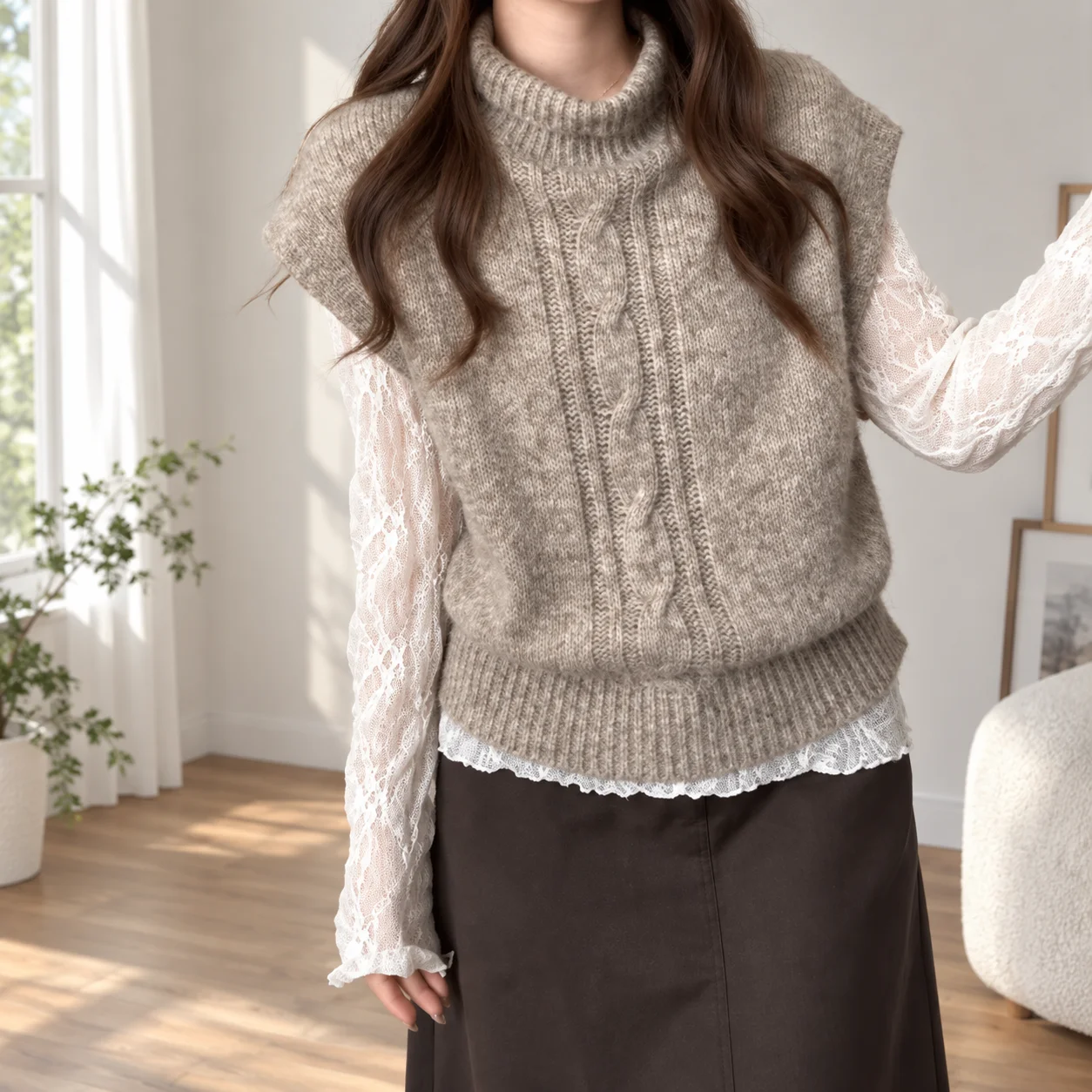 Colette Roll Neck Vest — Khaki