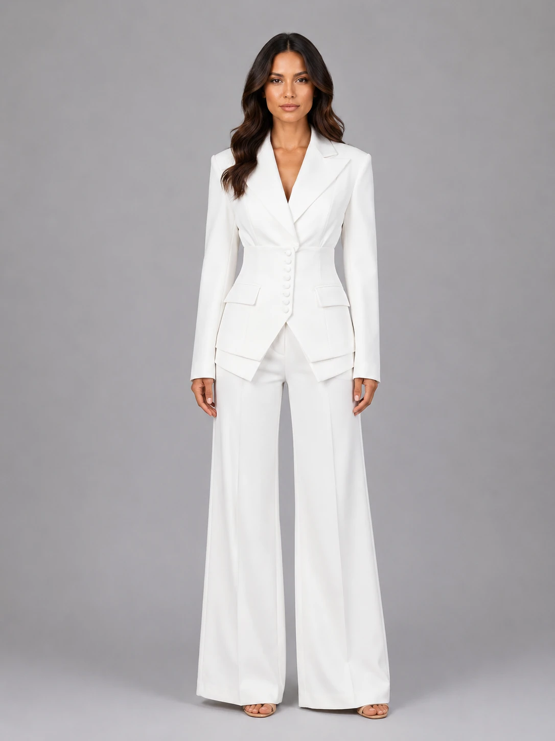 Women’s Tailored Two-Piece Suit – Cinched Waist & Wide-Leg Trousers