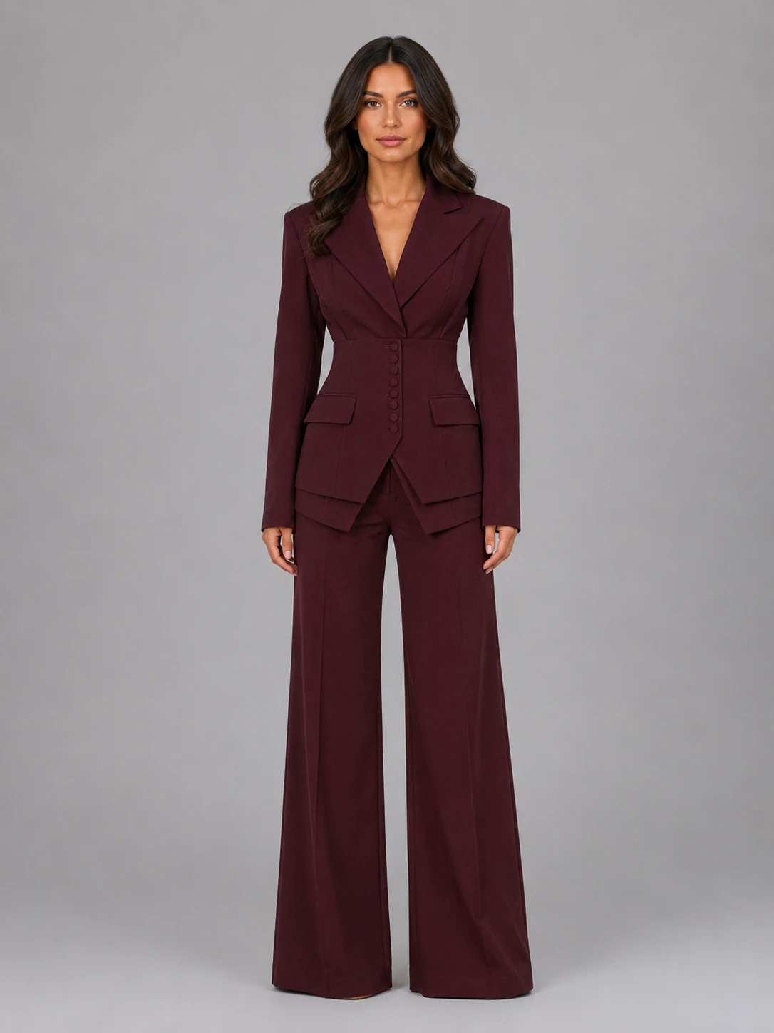 Women’s Tailored Two-Piece Suit – Cinched Waist & Wide-Leg Trousers