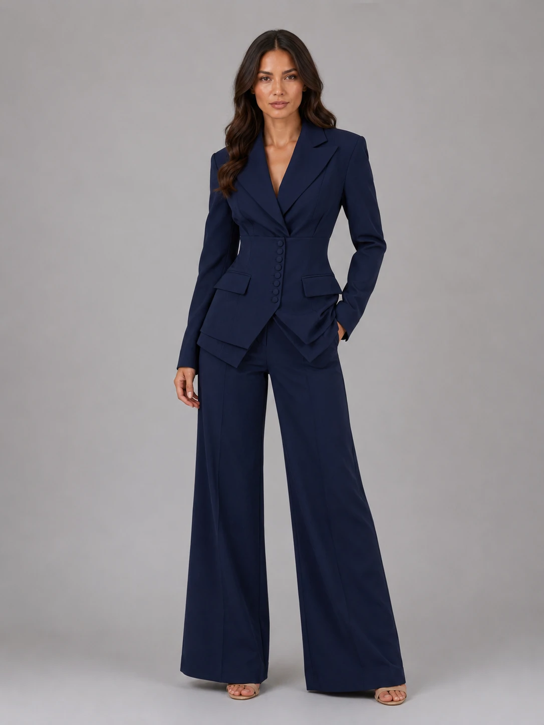 Women’s Tailored Two-Piece Suit – Cinched Waist & Wide-Leg Trousers